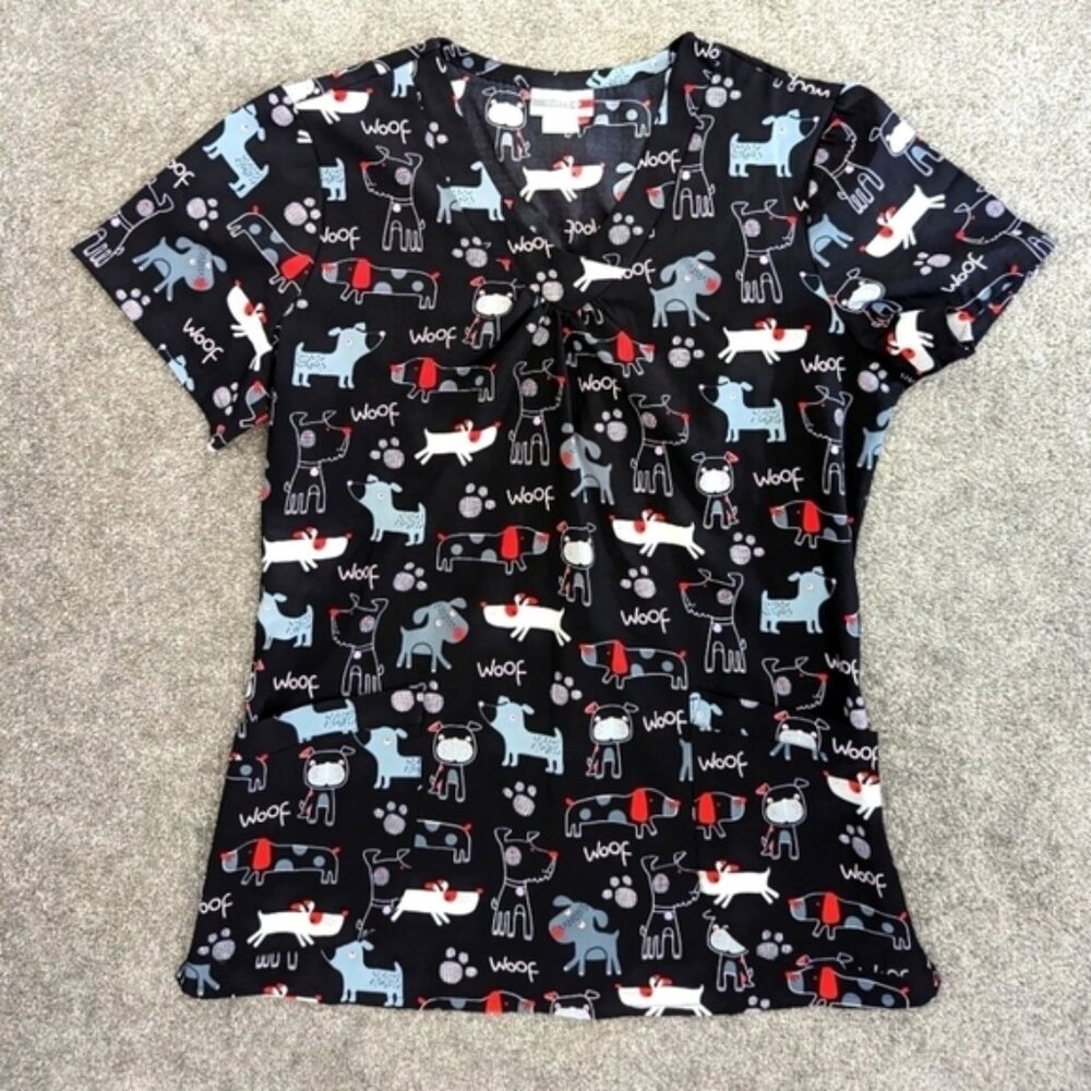 White Cross V neck dog print scrubs size Small